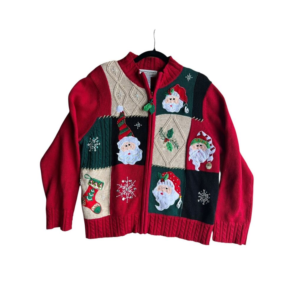 Tiara International Knit Embroidered Beaded Santa Heads Snowflake Cardigan Large